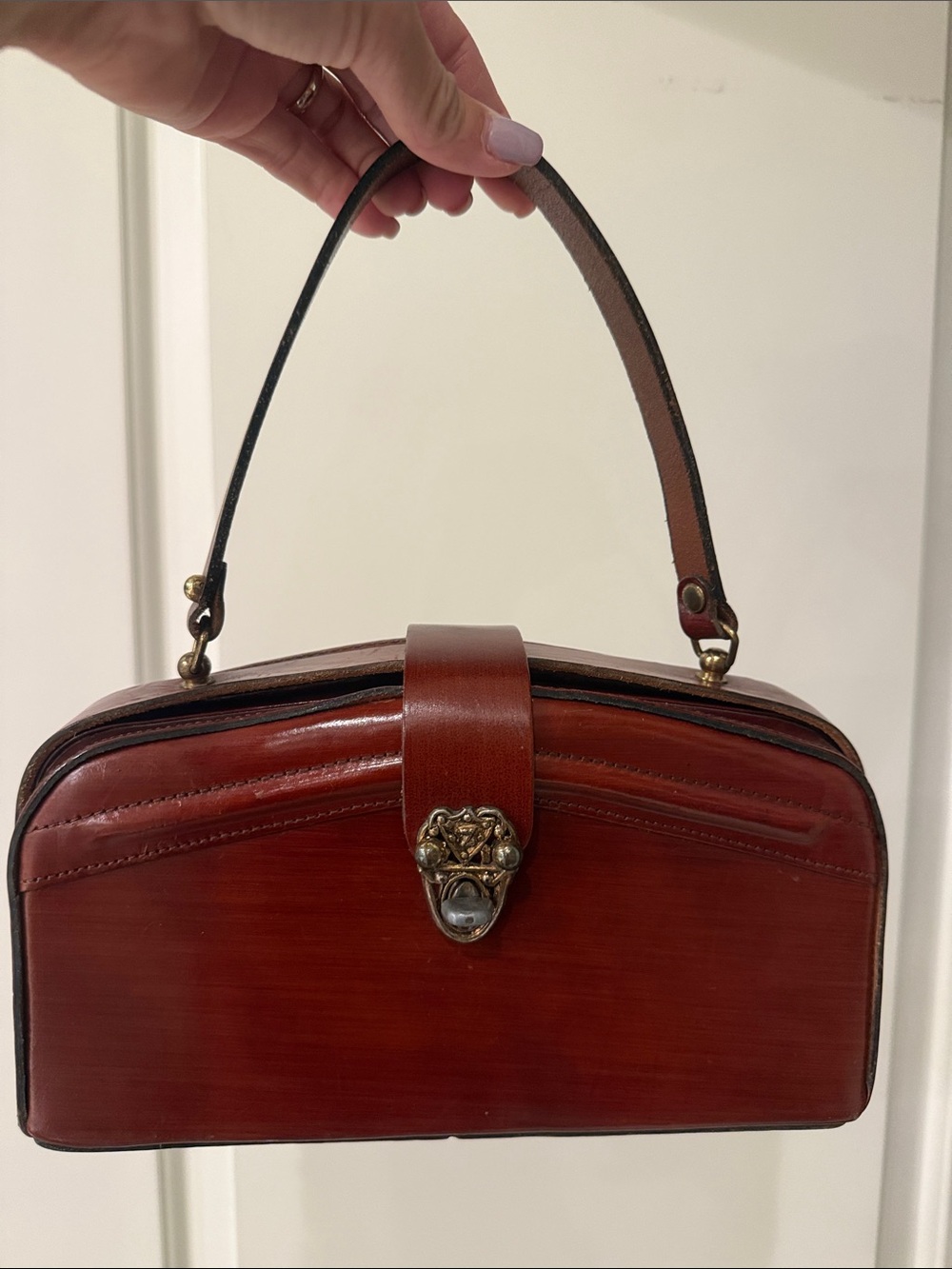 Zenith Red Brown Leather Top-Handle Bag with Brass Accent